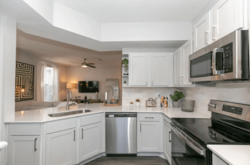A modern kitchen with white cabinets and stainless steel appliances.